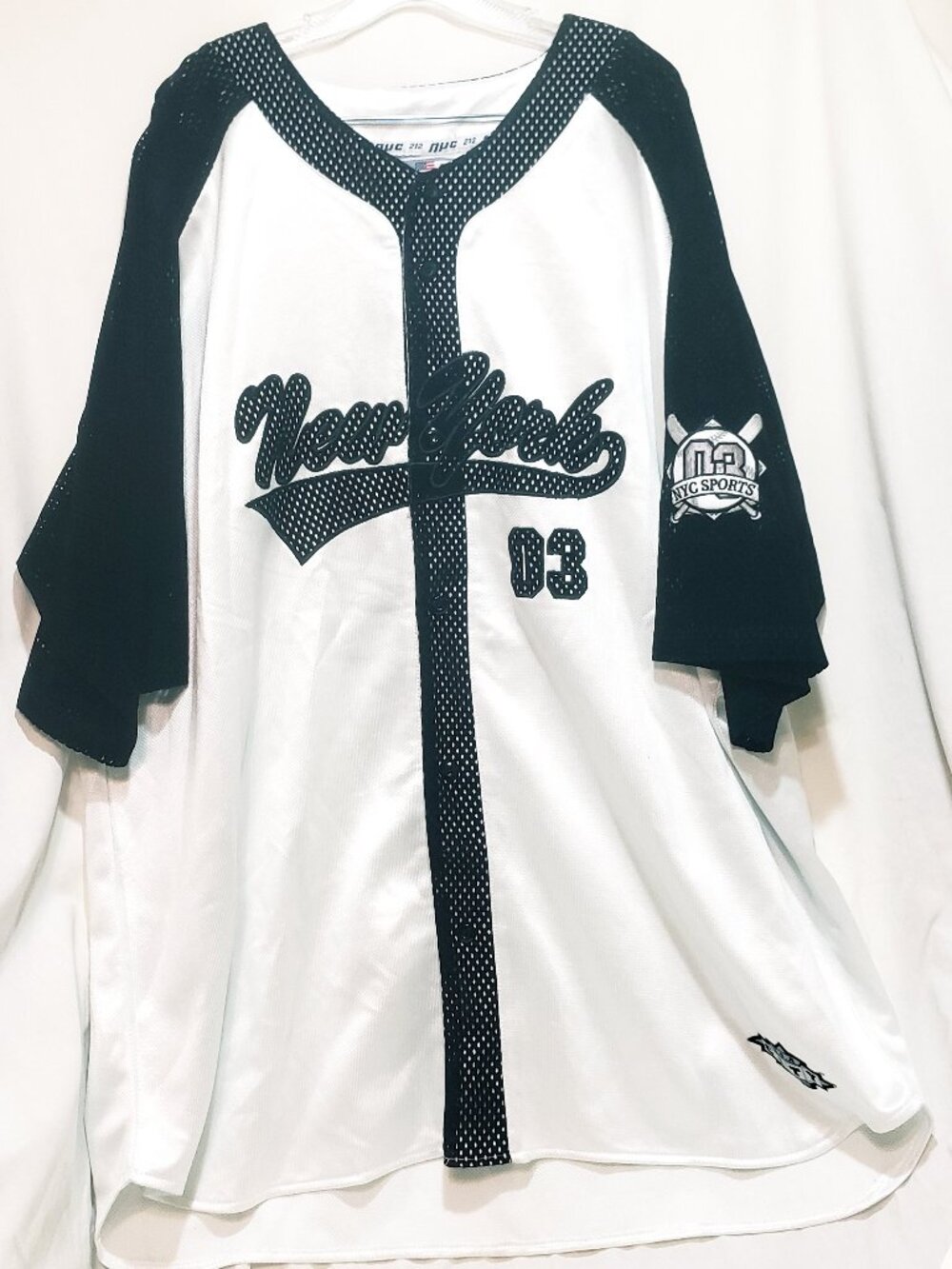 NYC New York 03 Baseball Jersey Mens 4XL Black White Mesh Sleeves Button Front